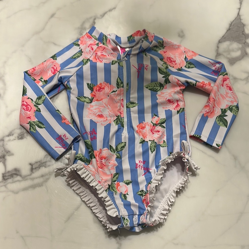 Betsey Johnson Pink Floral and Blue Striped Swimsuit